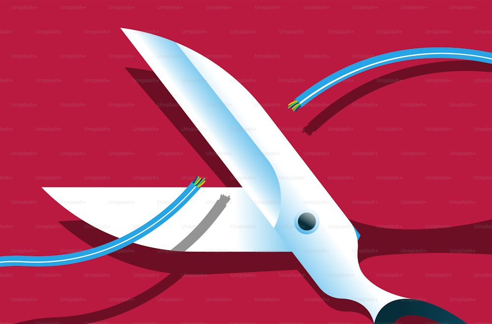Scissors cutting cable. Internet and network problems, disconnect concept. Vector illustration.