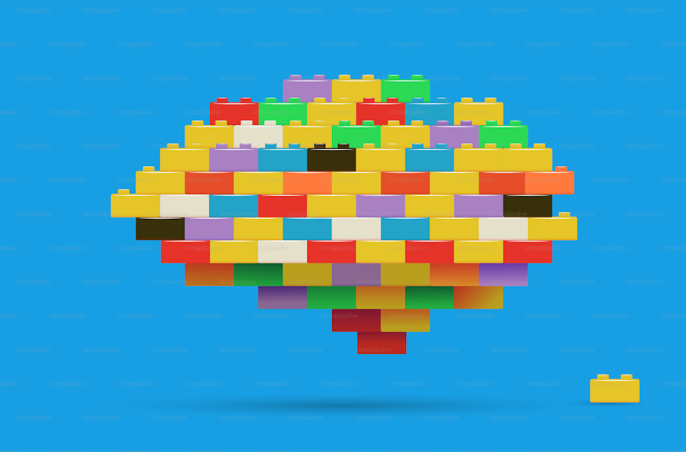 Brain made of toy bricks. Mind, education, gamification concept. Vector illustration.