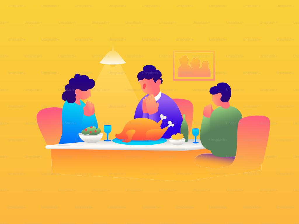 Thanksgiving Day brings families together around a beautifully set table, where a vector illustration captures the warmth and togetherness of the occasion. As the family gathers, a heartfelt prayer is offered, depicted in the artwork, setting the tone for a day filled with gratitude, love, and shared blessings. The illustration conveys the essence of this special holiday, celebrating both family bonds and the spirit of gratitude.