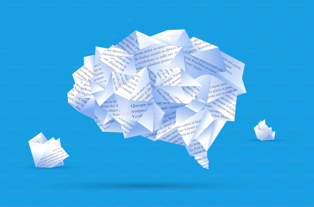 Brain made of paper. Creativity, media, writing concept. Vector illustration.