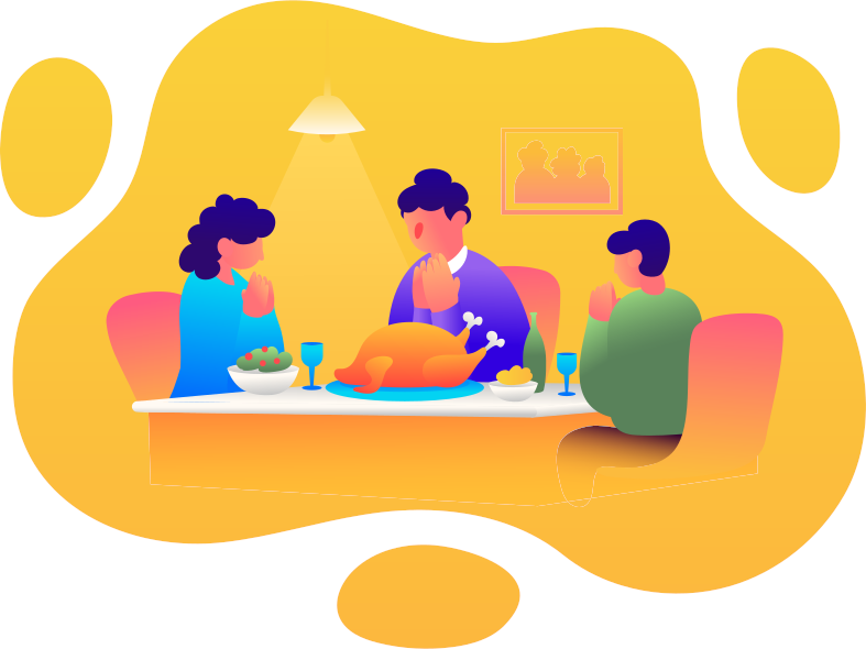 Thanksgiving Day brings families together around a beautifully set table, where a vector illustration captures the warmth and togetherness of the occasion. As the family gathers, a heartfelt prayer is offered, depicted in the artwork, setting the tone for a day filled with gratitude, love, and shared blessings. The illustration conveys the essence of this special holiday, celebrating both family bonds and the spirit of gratitude.