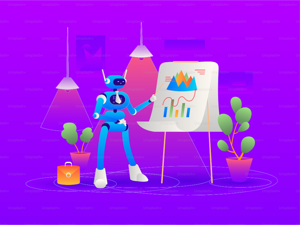 Vector illustration of an AI-powered robot teaching business concepts on a board adorned with graphs. The futuristic scene depicts the integration of artificial intelligence into education, seamlessly blending technology and business insights in a visually engaging composition.