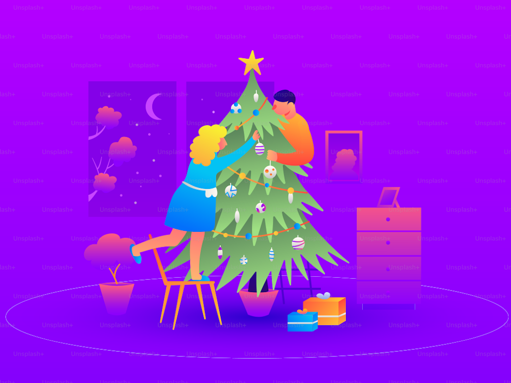 Un matrimonio decora un árbol de Navidad en casa antes de Navidad. Ilustración vectorial.