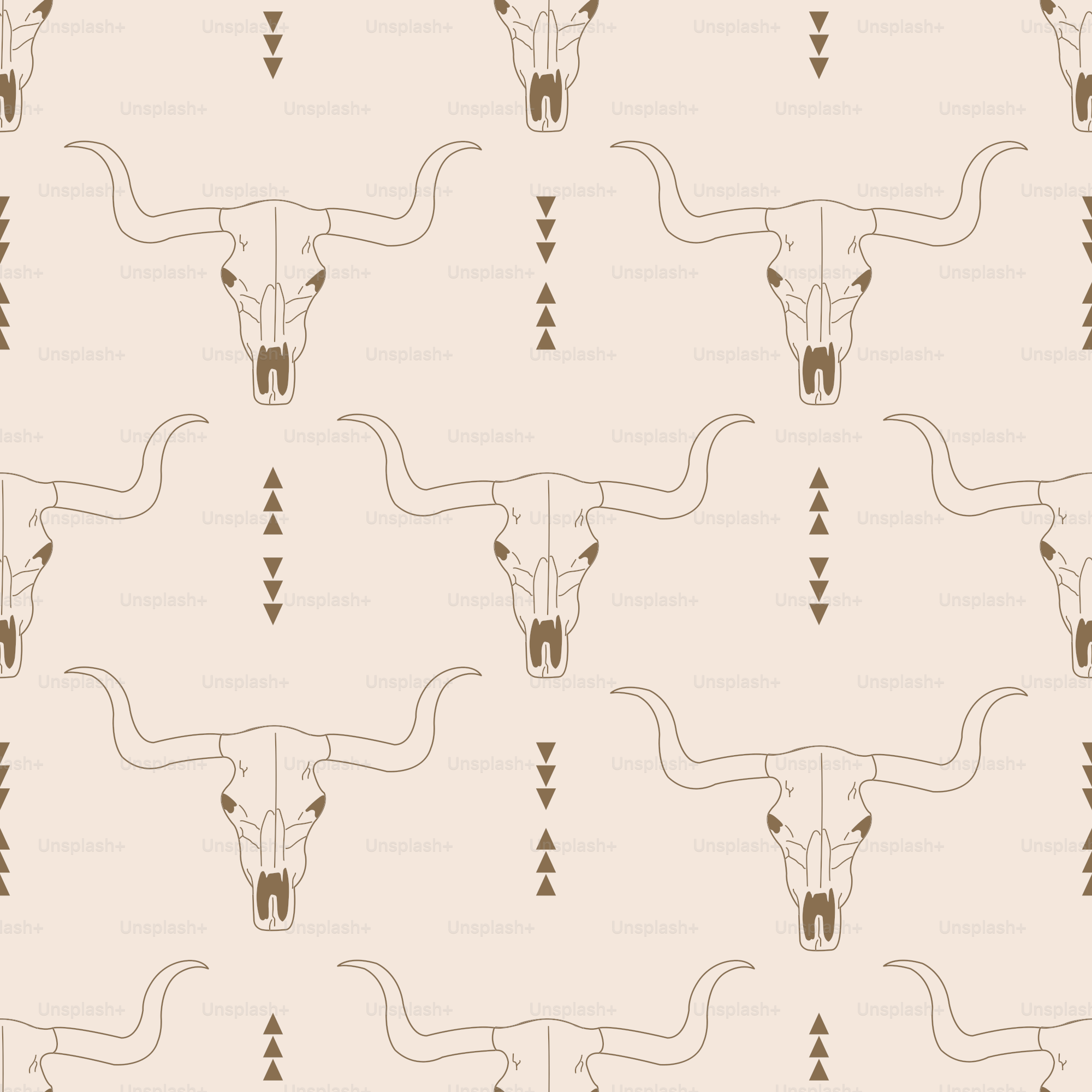 Boho style seamless pattern with bull skuls. Western themed hand drawn background. Backdrop, wallpaper, wrapping paper, banner, fabric template.