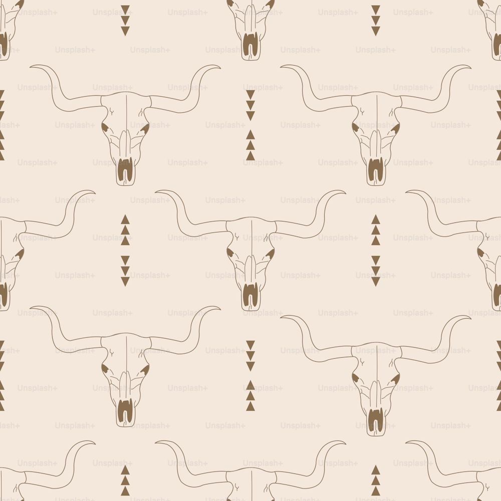 Boho style seamless pattern with bull skuls. Western themed hand drawn background. Backdrop, wallpaper, wrapping paper, banner, fabric template.