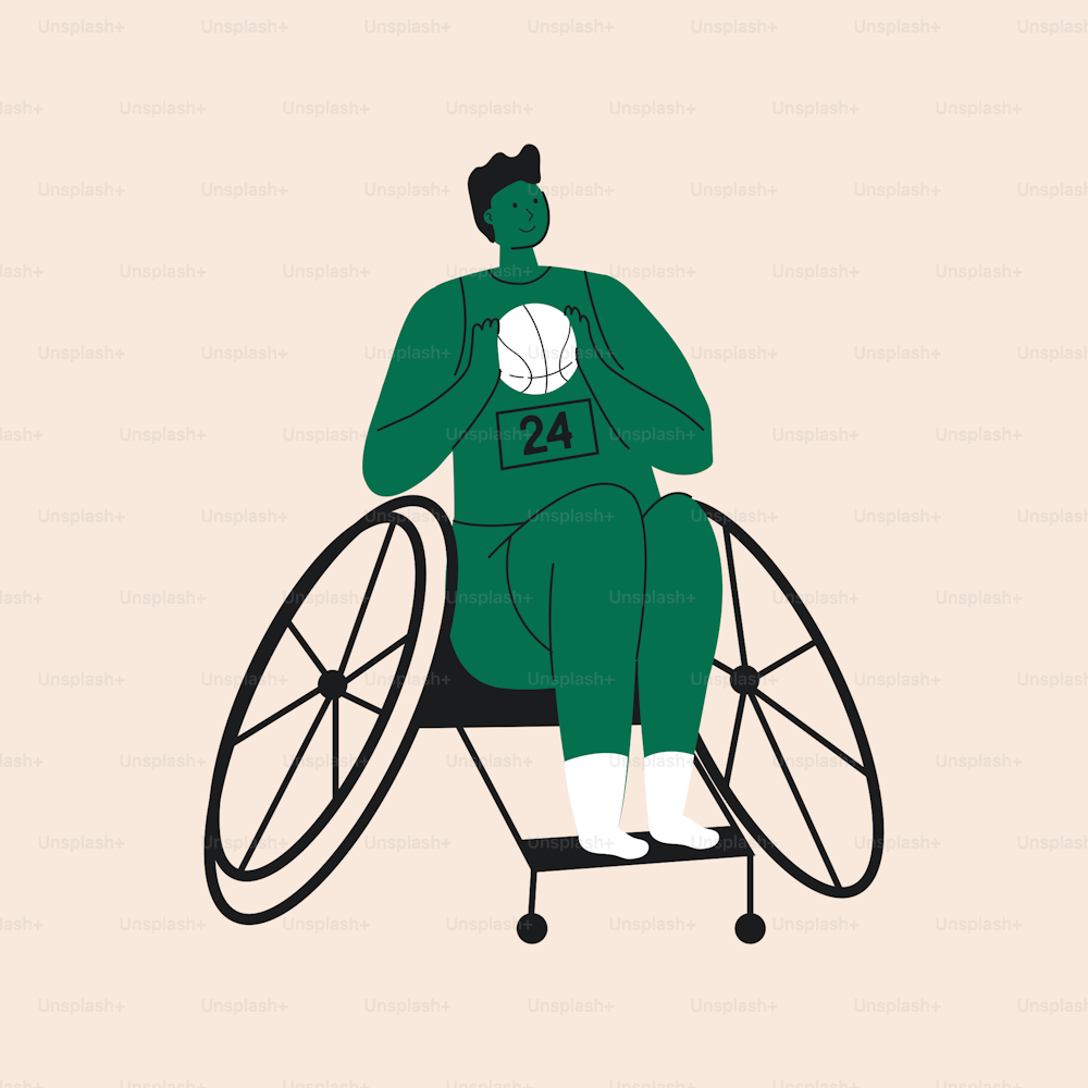 Retro cartoon style paralympic athlete sitting in the wheelchair holding a basketball ball. Abstract disabled man.