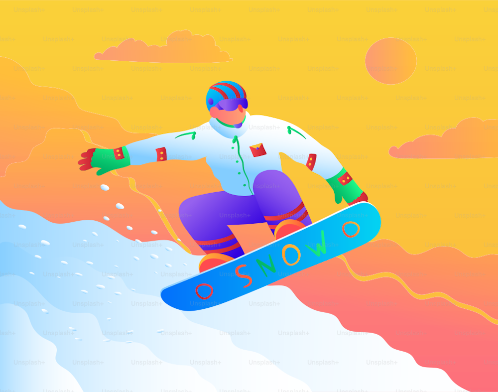 Vibrant vector illustration of a snowboarder mid-air, executing a stylish trick against a snowy backdrop. Bold lines and dynamic colors capture the thrill and skill of the jump, embodying the essence of high-energy snowboarding. Snowboarding jump.