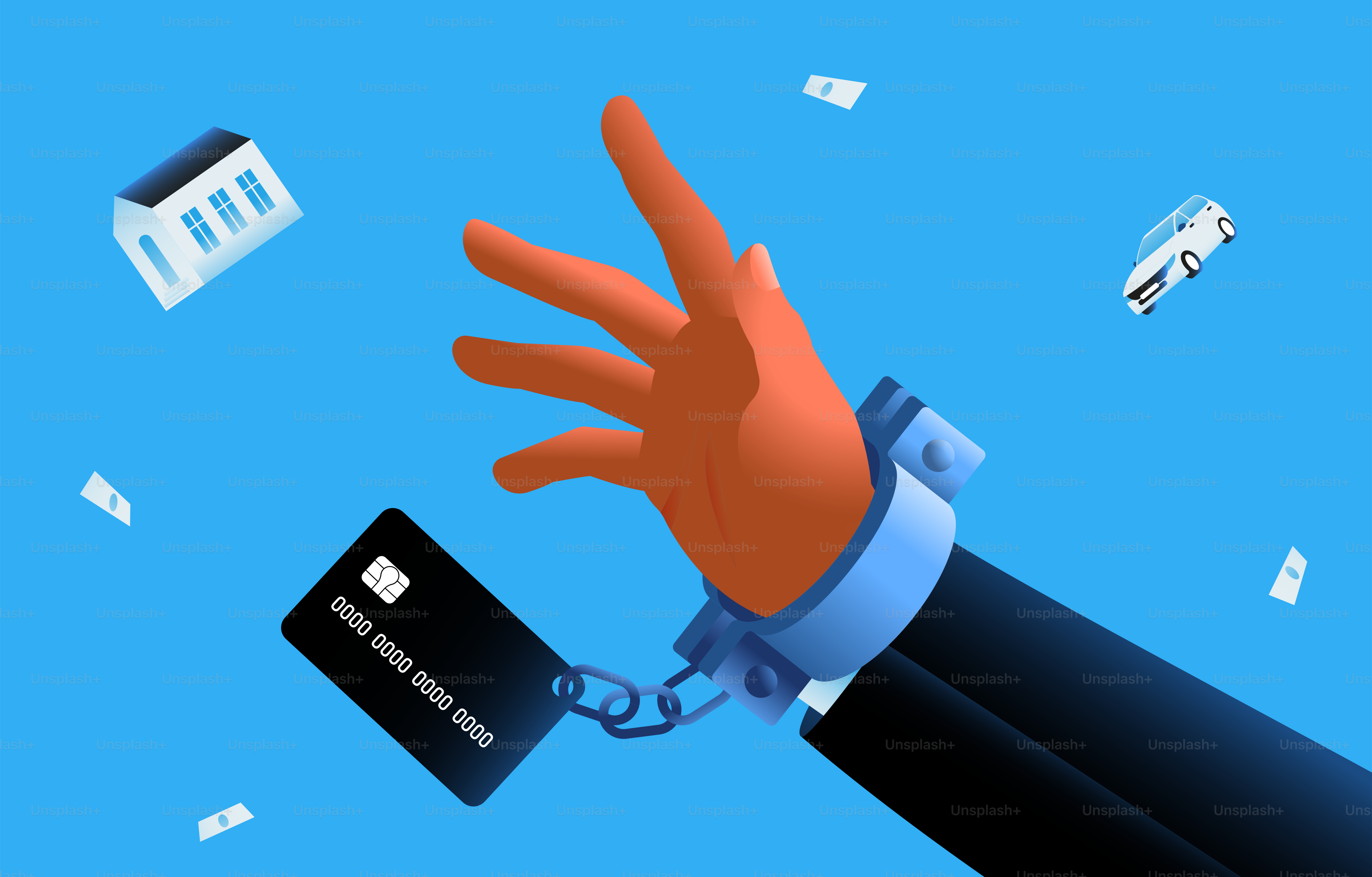 Hand chained to a credit card trying to catch house, car or money.  Financial loss, payday, bankruptcy, mortgage concept. Vector illustration.