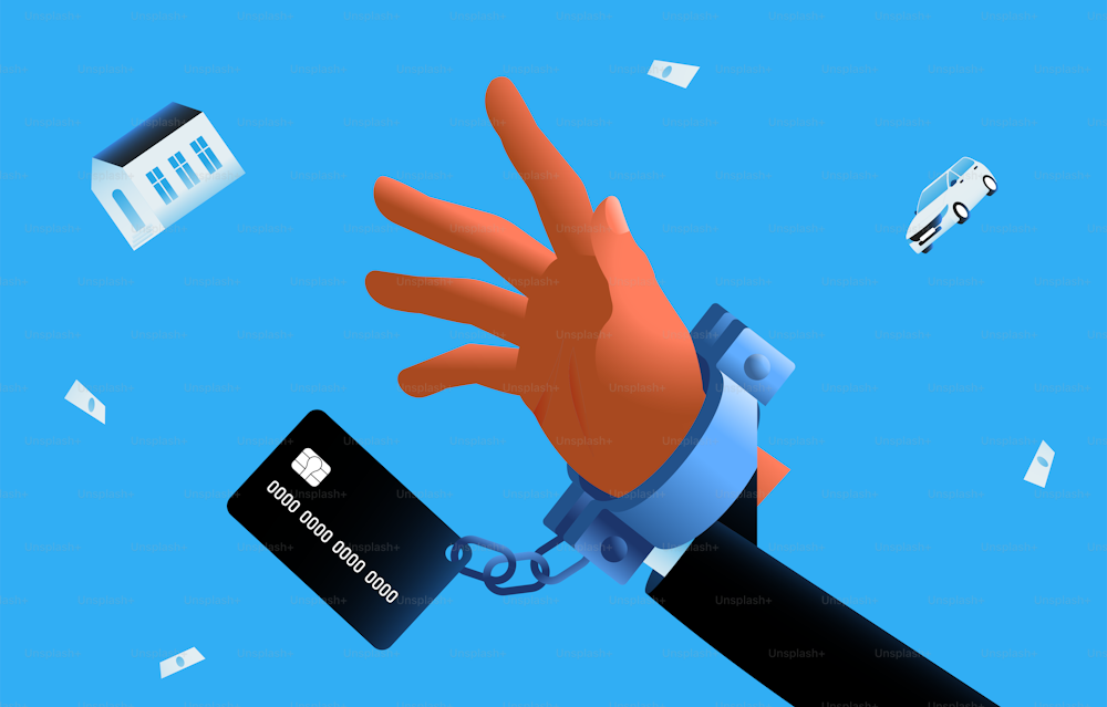 Hand chained to a credit card trying to catch house, car or money.  Financial loss, payday, bankruptcy, mortgage concept. Vector illustration.
