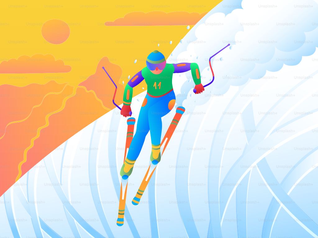 Skiing Competition. Vector illustration of a dynamic skier descending a snowy mountain against a stunning sunset backdrop.