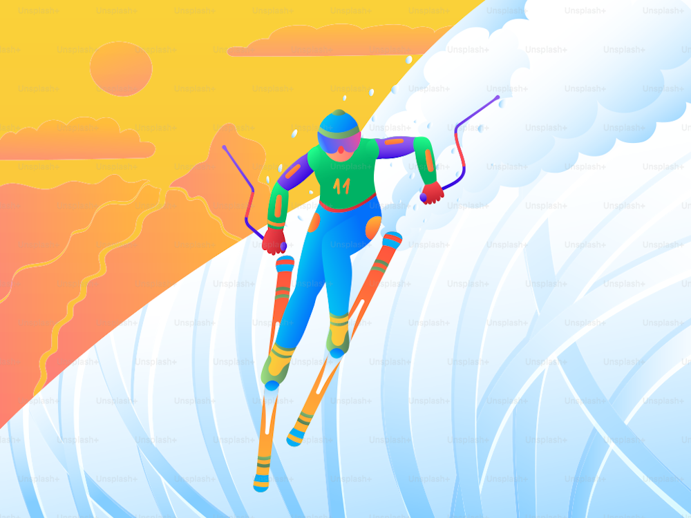 Skiing Competition. Vector illustration of a dynamic skier descending a snowy mountain against a stunning sunset backdrop.