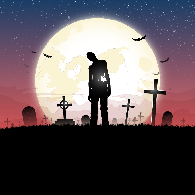 Ein Zombie, der auf dem Friedhof gegen den Vollmond und den roten Himmel läuft