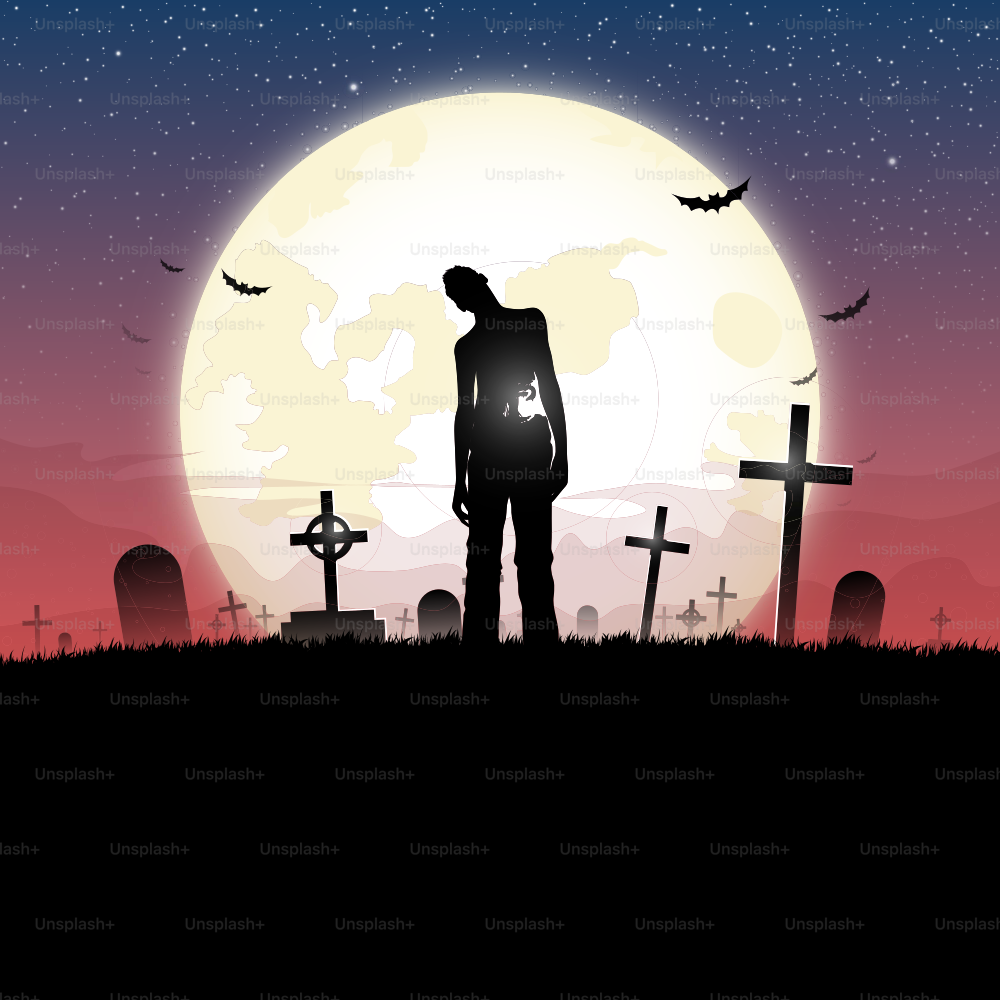 Um zumbi caminhando no cemitério contra a lua cheia e o céu vermelho