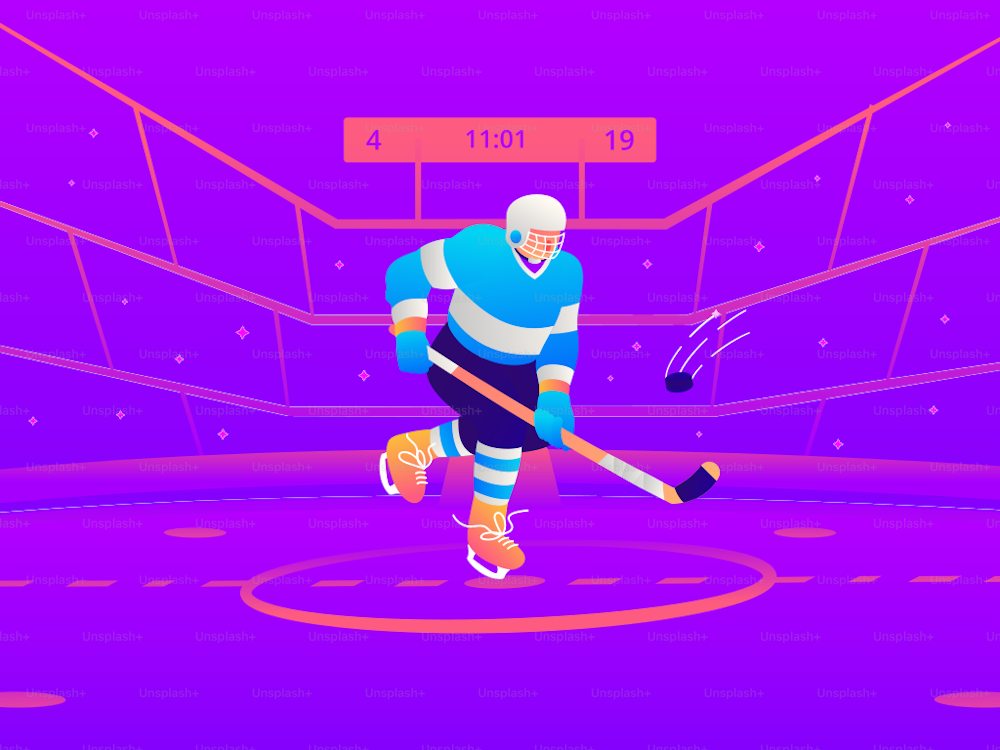 Una ilustración vectorial dinámica captura la intensidad de un juego de hockey mientras un jugador se involucra hábilmente en la acción, atrapando hábilmente el disco en el hielo. Con el telón de fondo de un estadio, la obra de arte irradia la energía y la emoción del deporte, retratando un momento de precisión y atletismo en la pista de hockey.