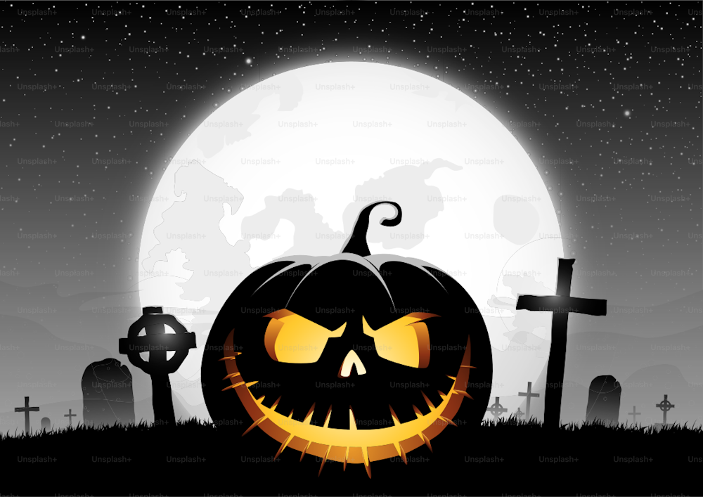 Spooky Jack O'Lantern against the full moon, graveyard and gray sky