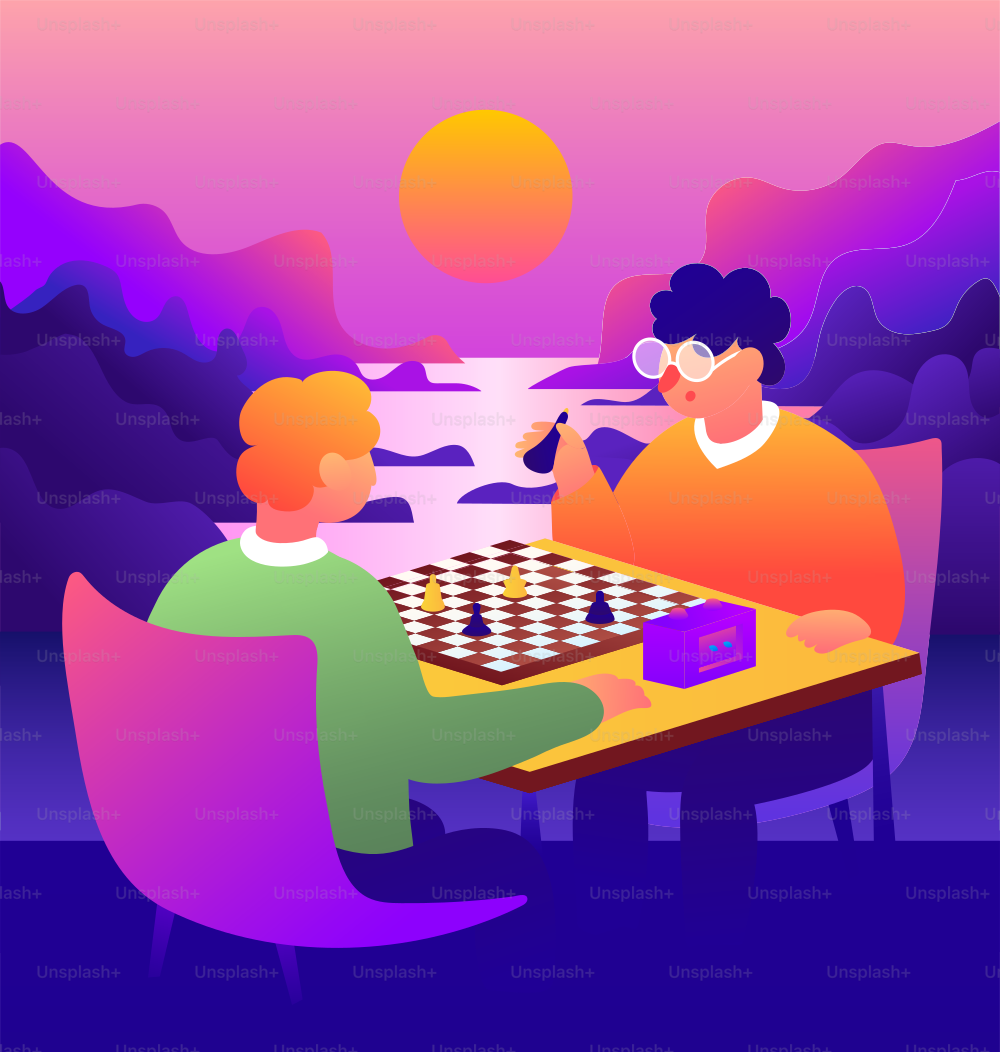静かな夕焼けの風景を背景に戦略的なチェスの試合に従事する 2 人の男性を紹介する風光明媚なベクトル図。夕日の温かみのある色合いが魅惑的な雰囲気を醸し出し、知的な決闘の瞑想的な性質を高めています。チェスをする2人の男。