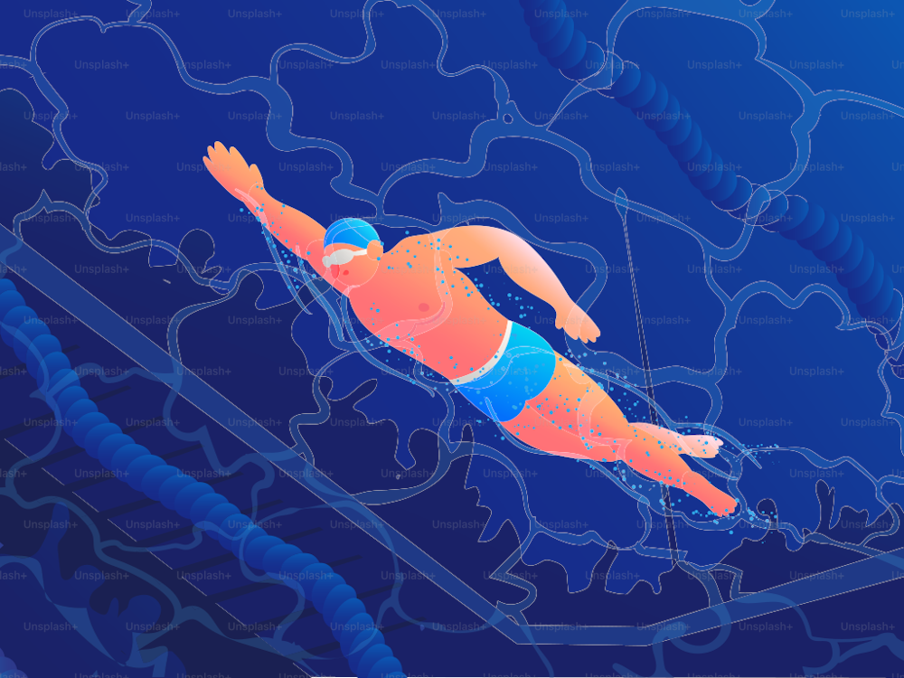 Dive into the refreshing world of swimming with this vector illustration. From a captivating bottom view, a swimmer glides through crystal-clear pool waters, creating a dynamic and immersive perspective. The play of light and ripples captures the essence of a serene aquatic moment, offering a glimpse into the peaceful and invigorating experience of swimming.