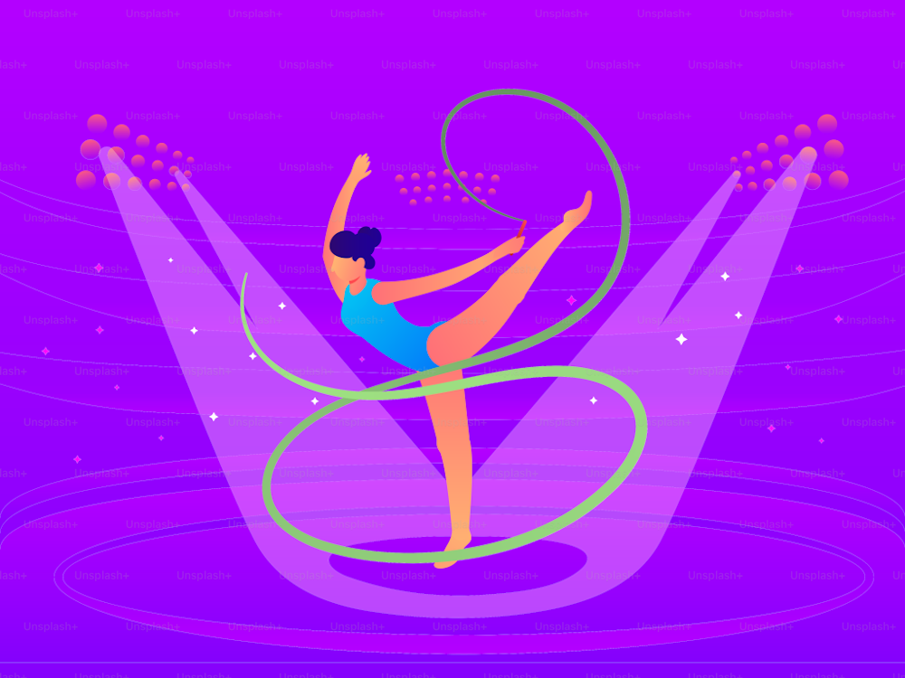 Diese auffällige Vektorillustration zeigt ein Mädchen in einem leuchtend blauen Anzug für rhythmische Sportgymnastik, elegant auf einem violetten Hintergrund, der von Scheinwerfern beleuchtet wird. Die dynamische Komposition betont die Anmut und Beweglichkeit des Interpreten, wobei das rhythmische grüne Band einen Hauch von künstlerischem Flair verleiht. Die Szene ist eine harmonische Mischung aus Athletik und Kunstfertigkeit, eingefangen in einem faszinierenden Farbspiel.