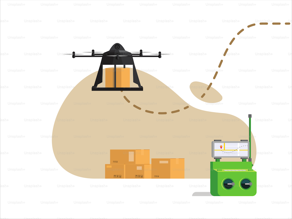 Illustrazione vettoriale del drone di consegna con il cartone.