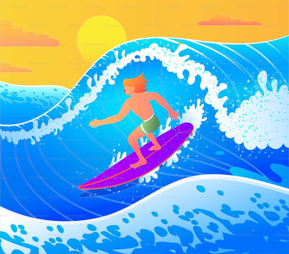 Embark on a visual journey with this vibrant vector illustration, where a skilled surfer effortlessly rides a brilliant blue wave. The dynamic depiction captures the essence of the surfer's connection with the ocean, evoking the exhilarating sensation of riding the crest of a beautifully colored wave.
