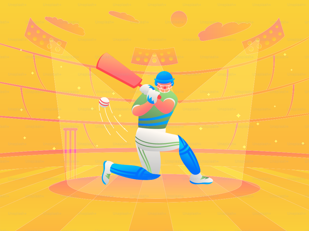 In this vibrant vector illustration, a skilled cricketer delivers a powerful stroke, sending the ball soaring across a sun-drenched cricket field. The radiant sunlight bathes the stadium, creating a dynamic and energetic scene that captures the essence of the sport in a single moment.