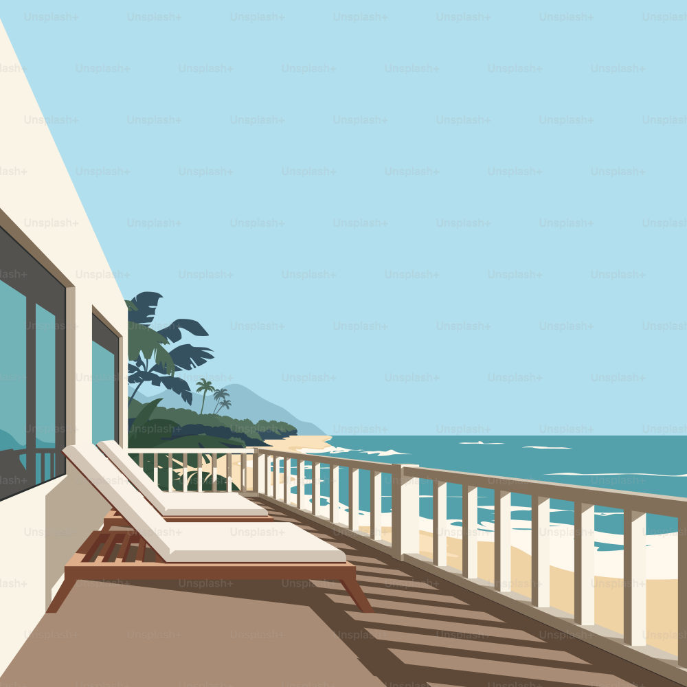 Ferienort. Zwei bequeme Liegestühle auf der Terrasse mit Blick auf das Meer. Villa am Meer. Sandstrand und Palmen in den Strahlen der tropischen Sonne.