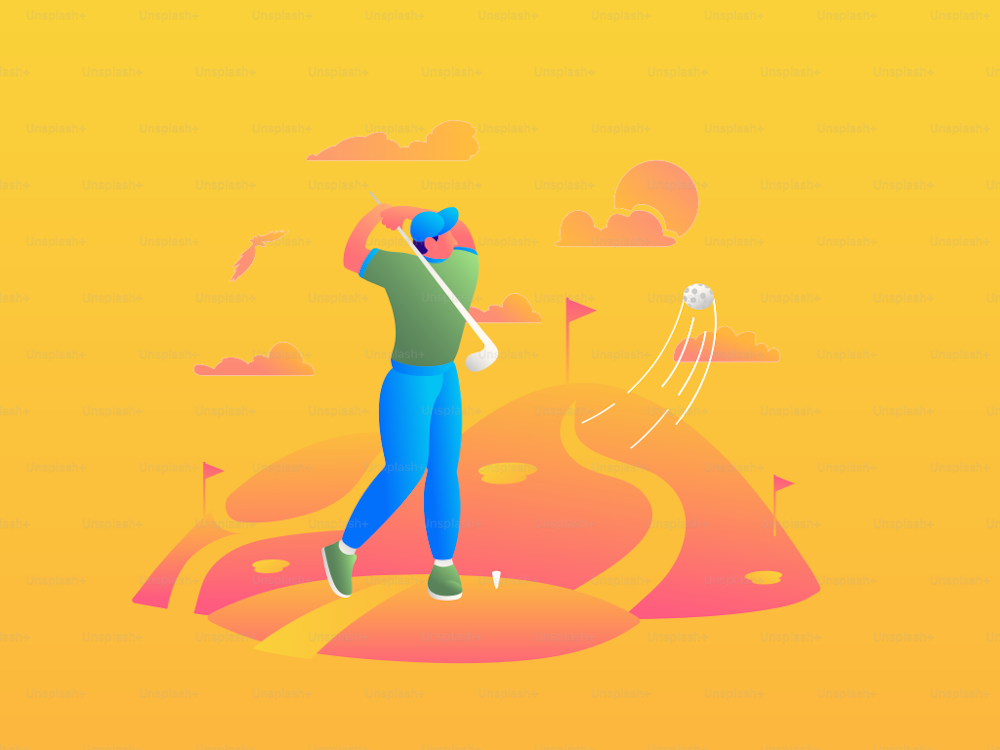 Eine dynamische Vektorillustration, die die Essenz eines Mannes beim Golfspielen einfängt. Diese visuell ansprechende Darstellung zeigt die Eleganz und das Können des Sports und eignet sich perfekt für jedes golfbezogene Projekt oder Design.