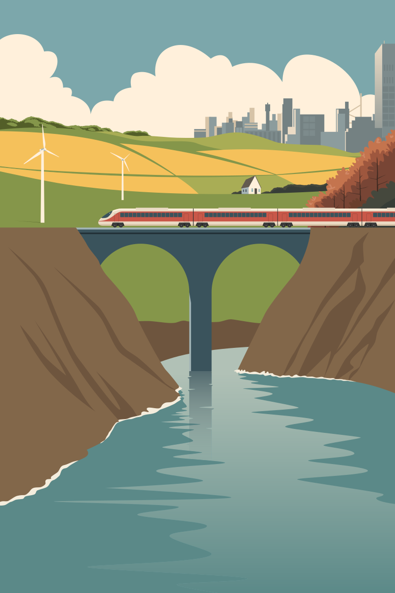 A bullet train passes through a river bridge.  Cityscape in the background. Peaceful meadows with wind turbines.