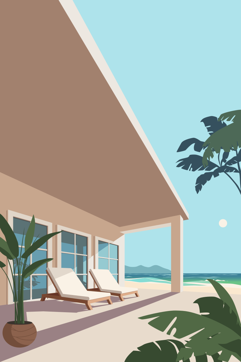 Two comfortable lounge chairs on the terrace by the ocean. Villa at the seashore. Palm trees and sandy beach in the rays of tropical sun. Tourist resort to take a break.