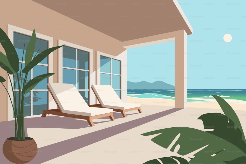 Two comfortable lounge chairs on the terrace by the ocean. Villa at the seashore. Palm trees and sandy beach in the rays of tropical sun. Tourist resort to take a break.