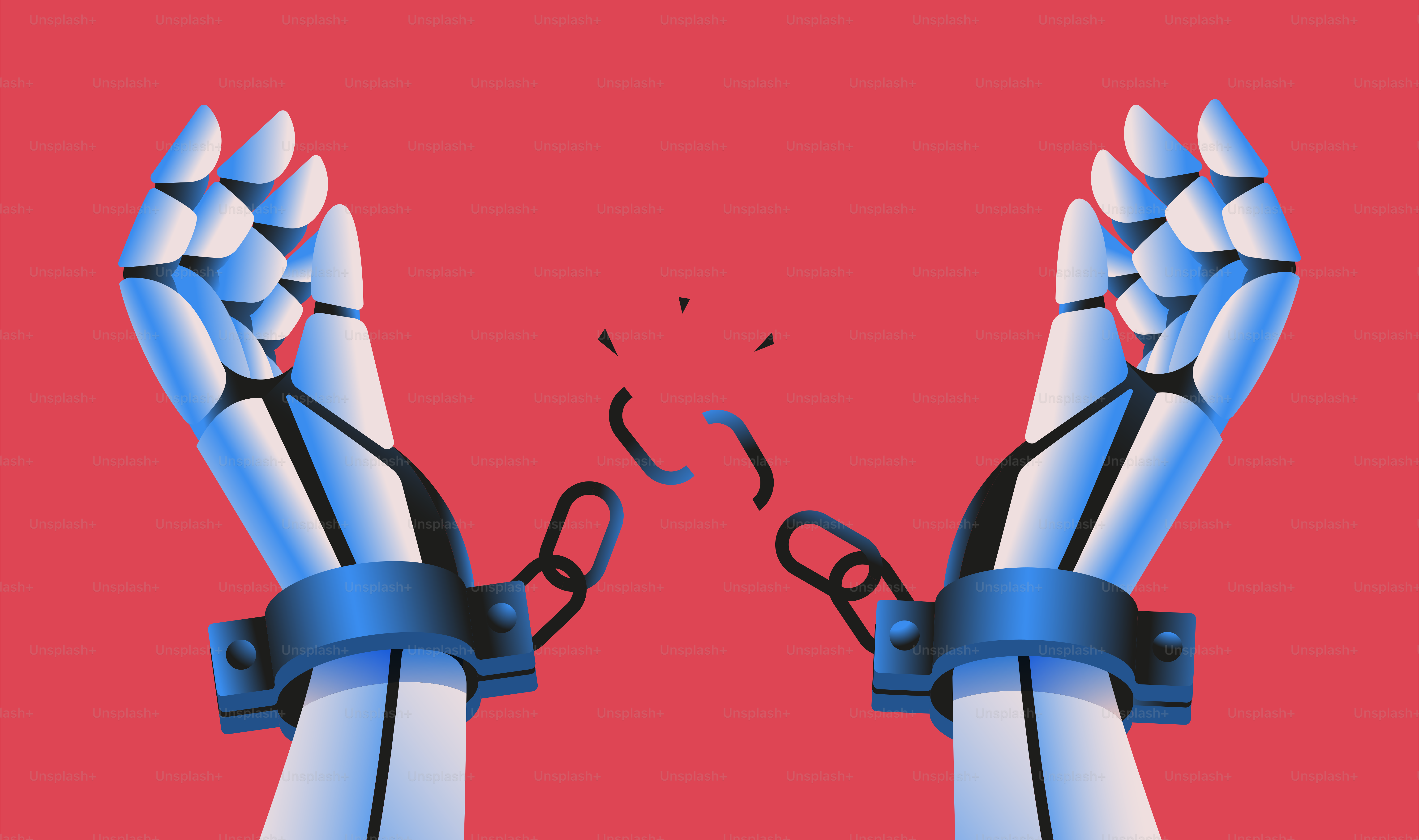 Robot hands breaking handcuffs. Ai regulation, rise of the machines, artifical intelligence risks concept. Vector illustration.
