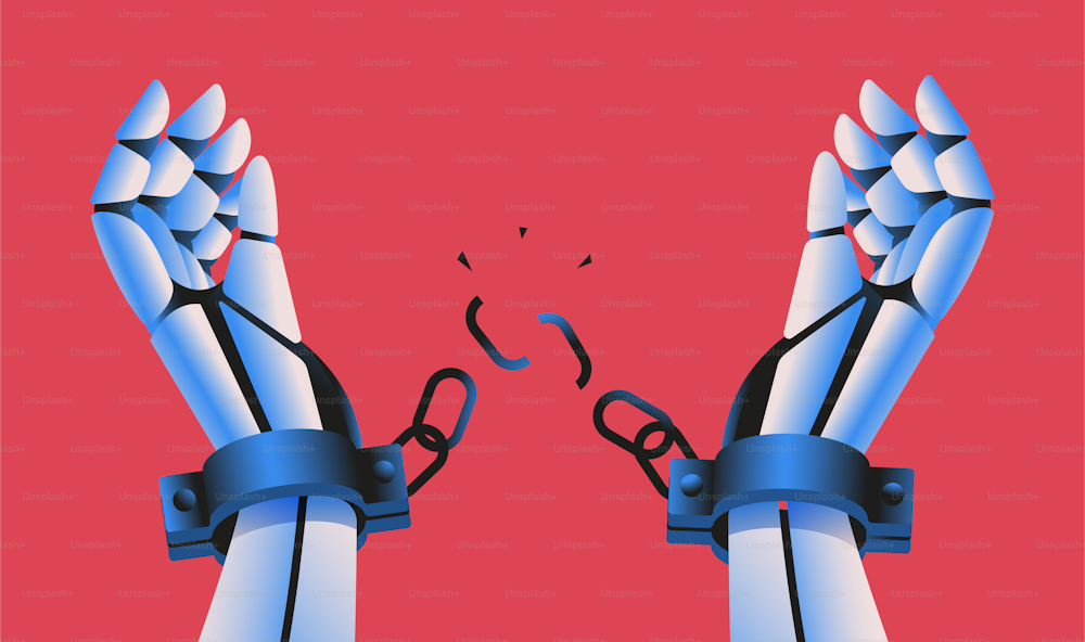 Roboterhände zerbrechen Handschellen. KI-Regulierung, Aufstieg der Maschinen, Konzept der Risiken der künstlichen Intelligenz. Vektor-Illustration.