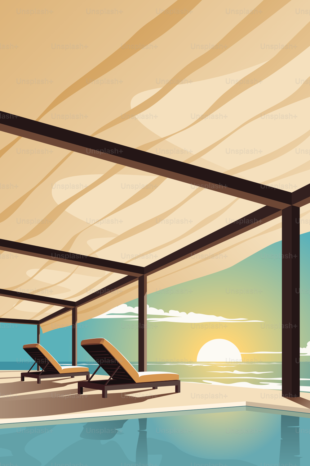 Dos sillas de verano junto a la piscina frente al mar y una hermosa puesta de sol para unas vacaciones perfectas y perezosas. Carpa de sombrilla para un bronceado seguro.