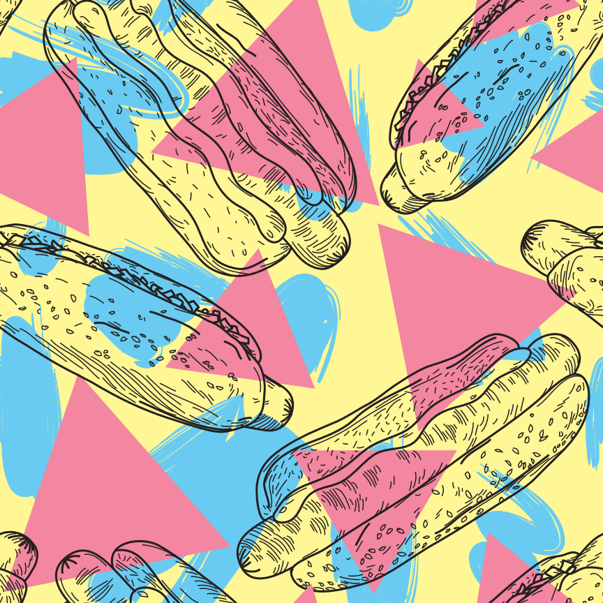 Patrón de perritos calientes súper retro en colores modernos con fondo geométrico. Separado en capas, colores globales, mosaico de patrones en las muestras, muy fácil de editar.