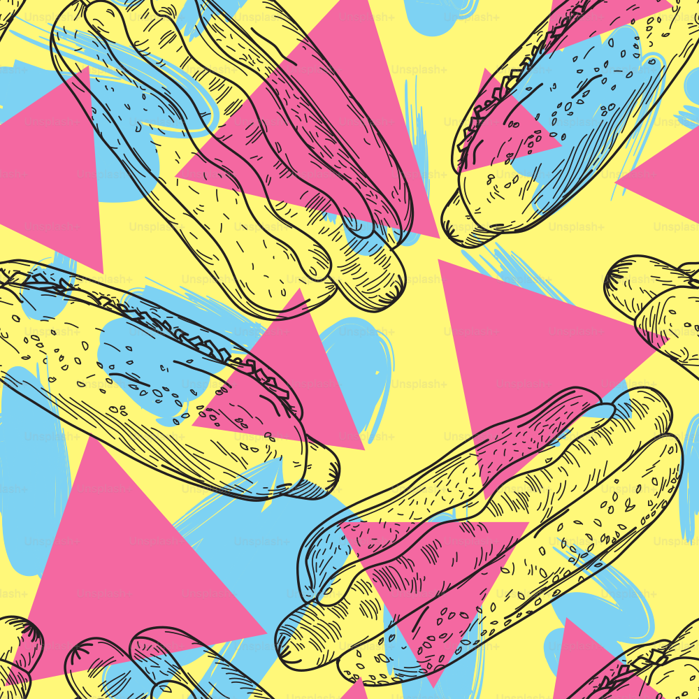 Super Retro Hot Dog Muster in trendigen Farben mit geometrischem Hintergrund. Getrennt in Ebenen, globale Farben, Musterkachel in Farbfeldern, sehr einfach zu bearbeiten.