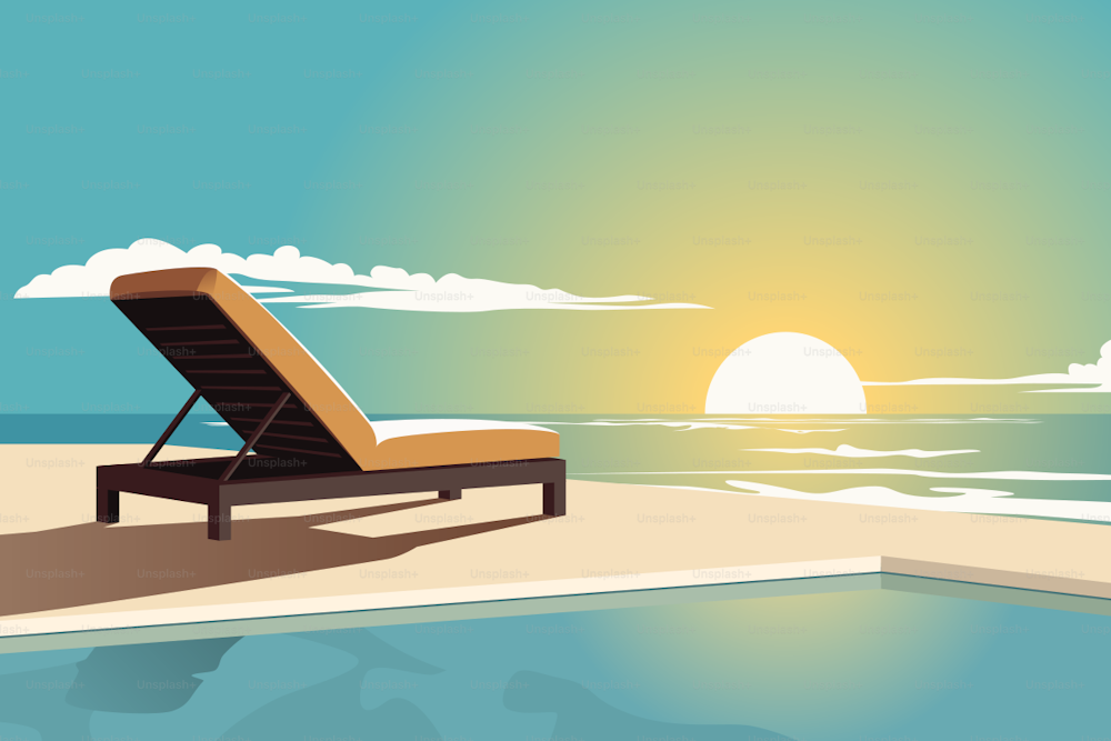 海に面したスイミングプールのそばの夏の椅子と、完璧な怠惰な休日のための美しい夕日。