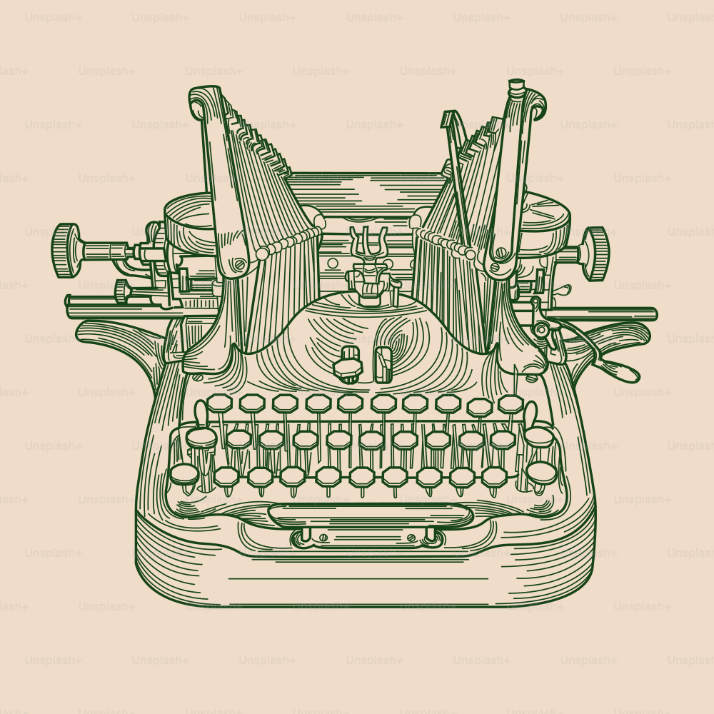 Ilustración lineal de una antigua máquina de escribir de principios del siglo XX.