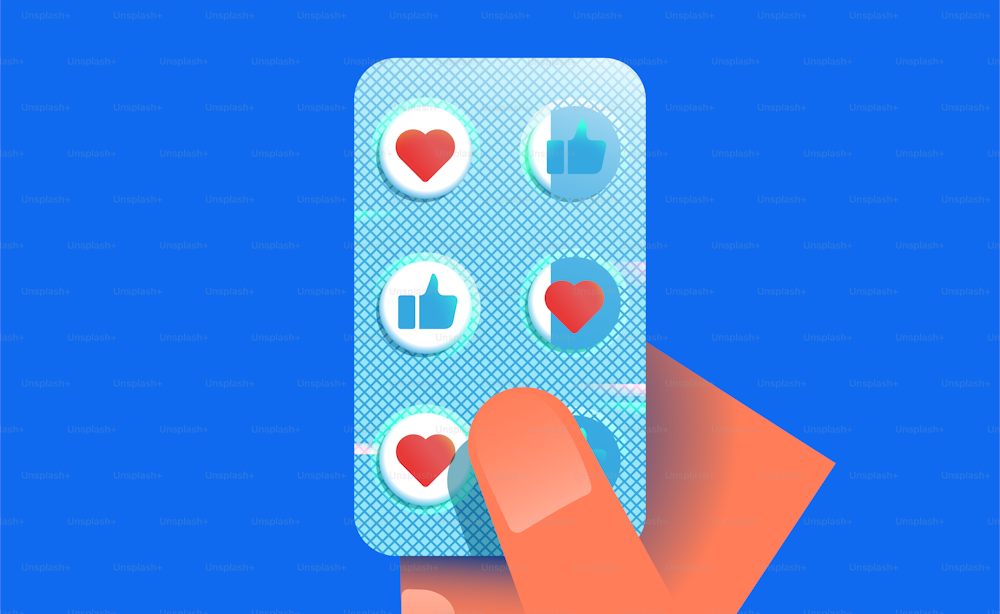 Hand holding blister with pills with like and heart symbols. Social media addiction, antidepressant, loneliness concept. Vector illustration.