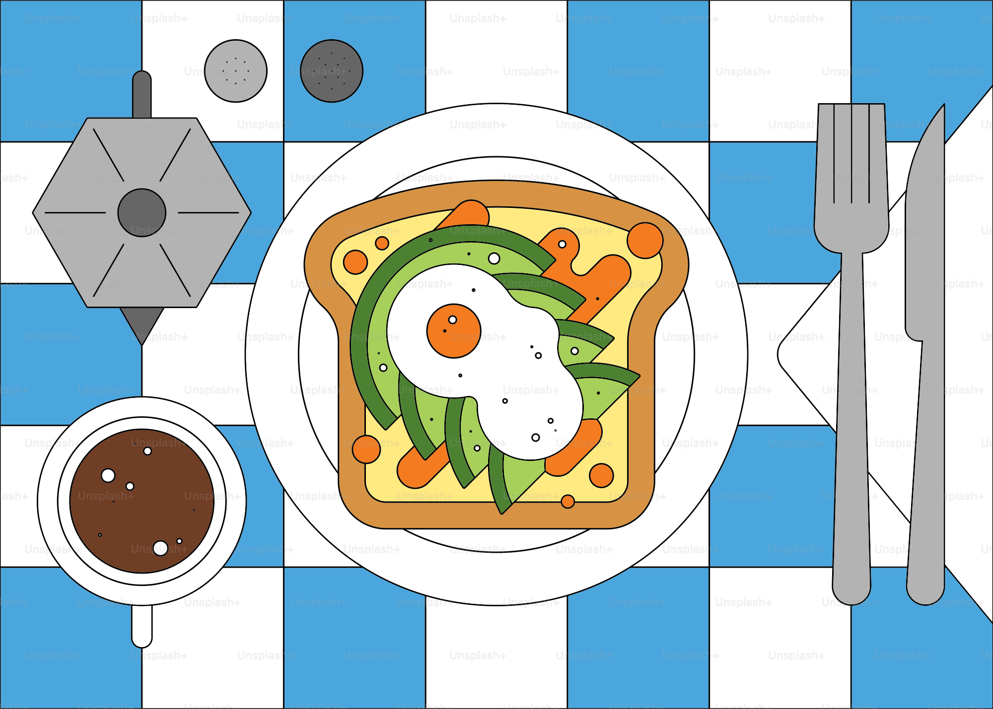 Tostada de aguacate con huevo frito y café sobre mantel de cuadros