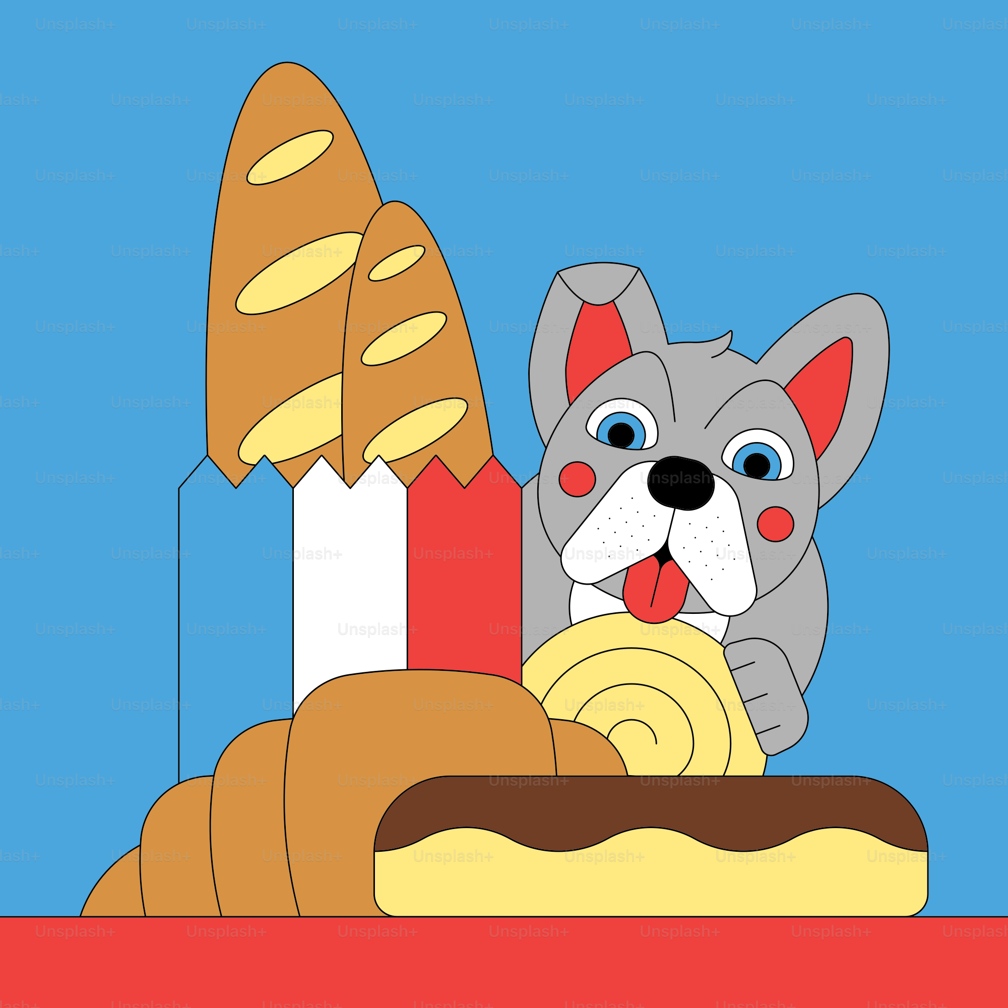 A cartoon dog with pastries and bread
