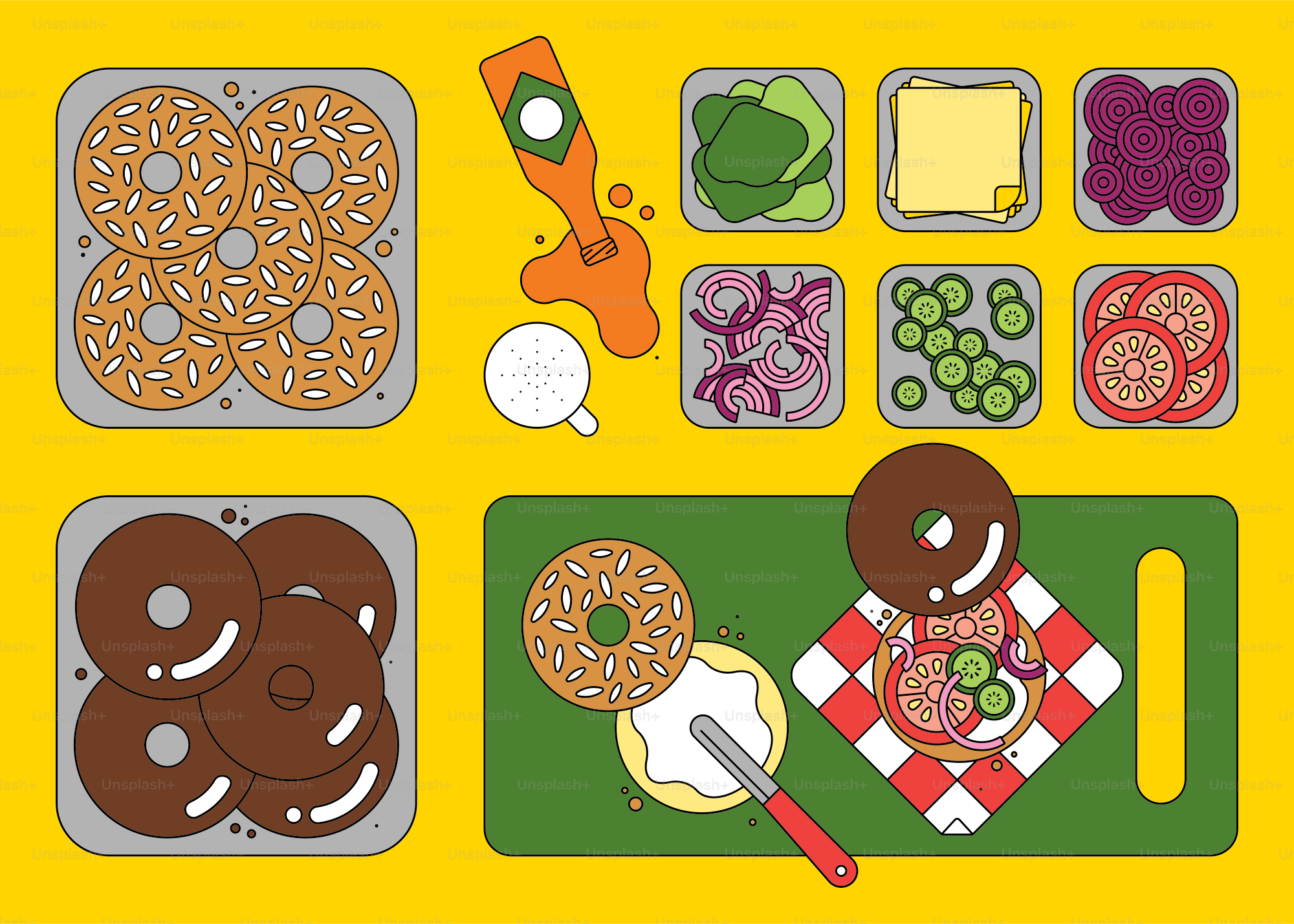 Donuts and sandwich ingredients arranged on yellow background