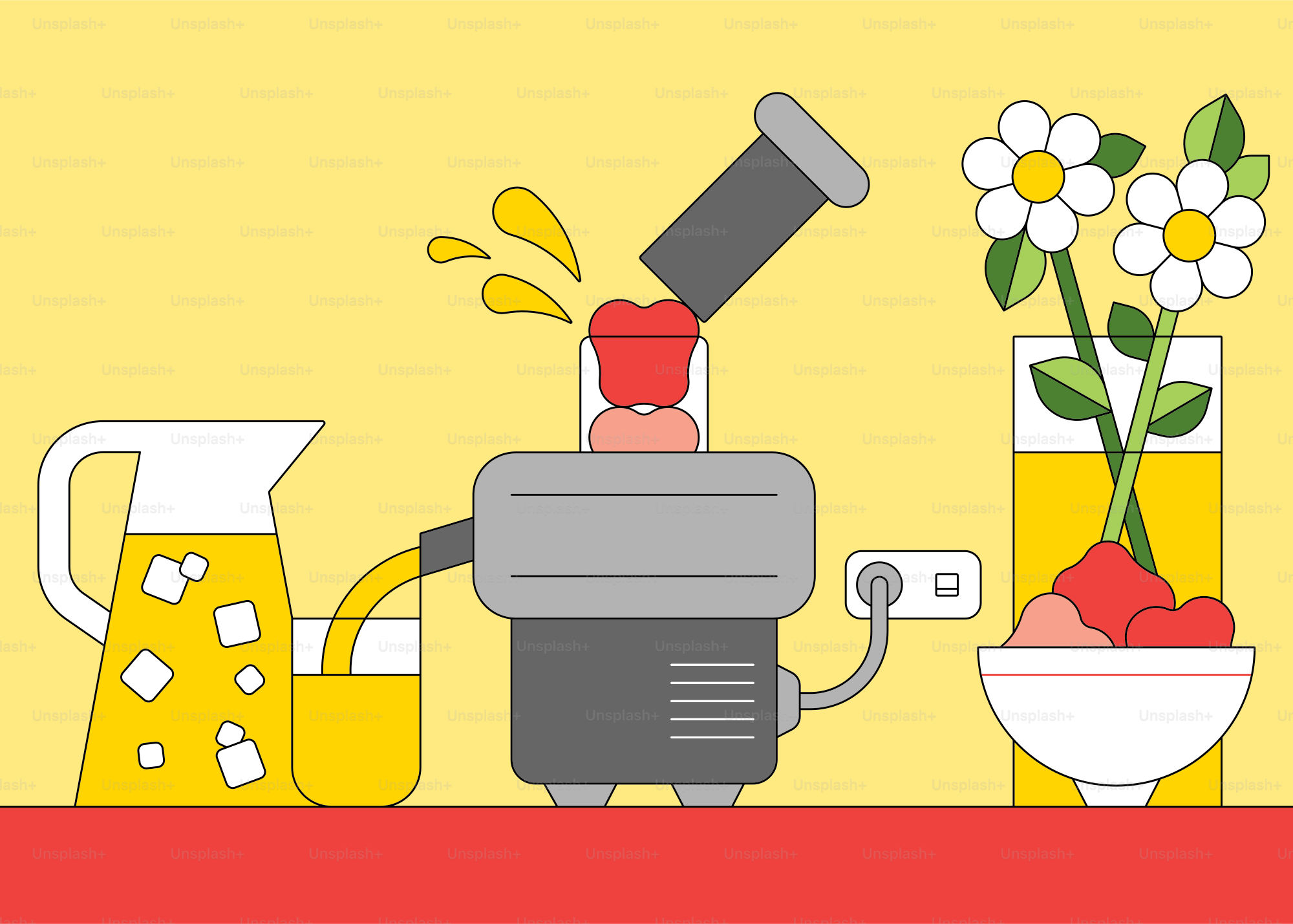 Juicer making fresh juice with fruit and flowers