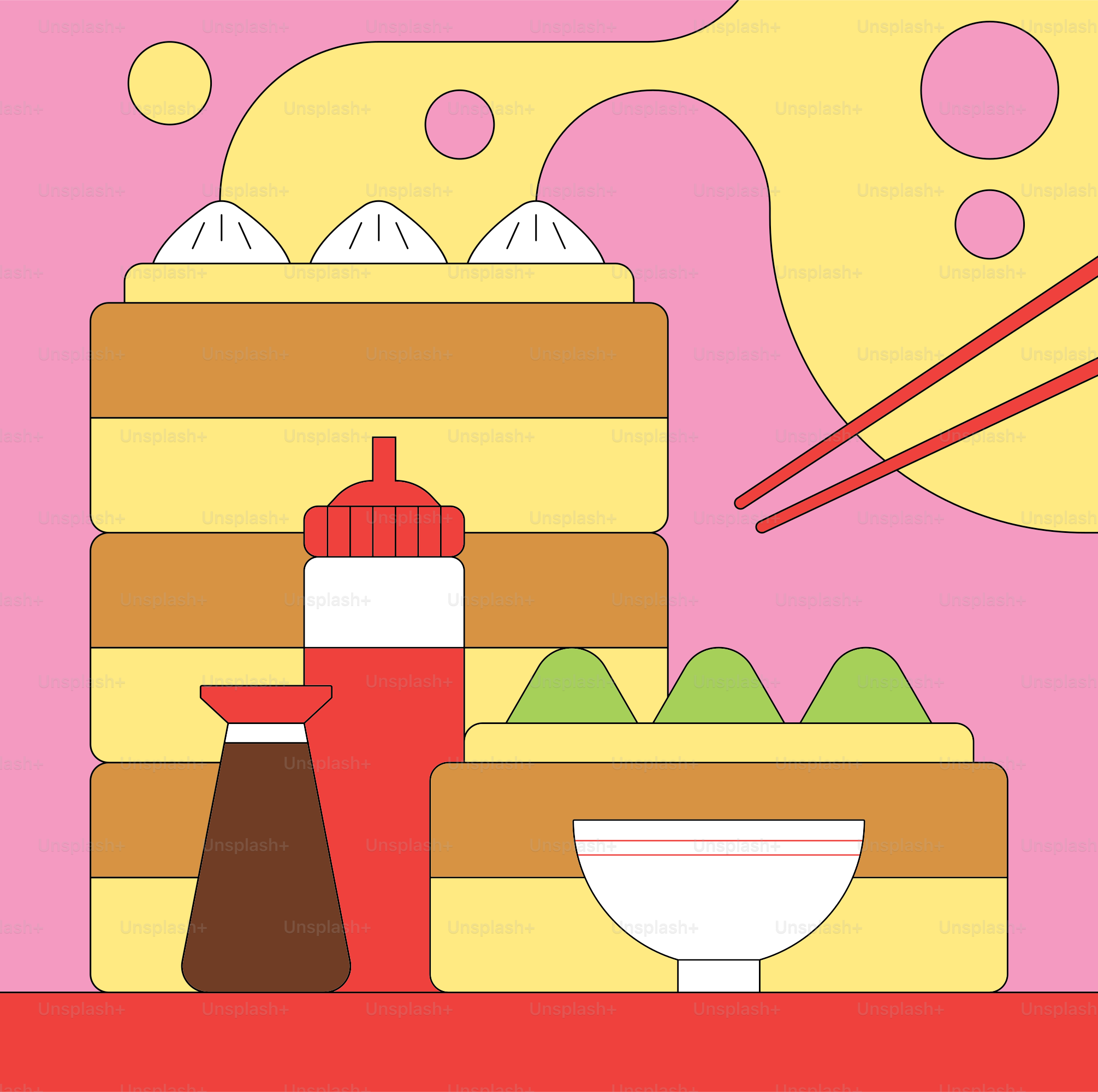 Steamed dumplings with soy sauce and chopsticks