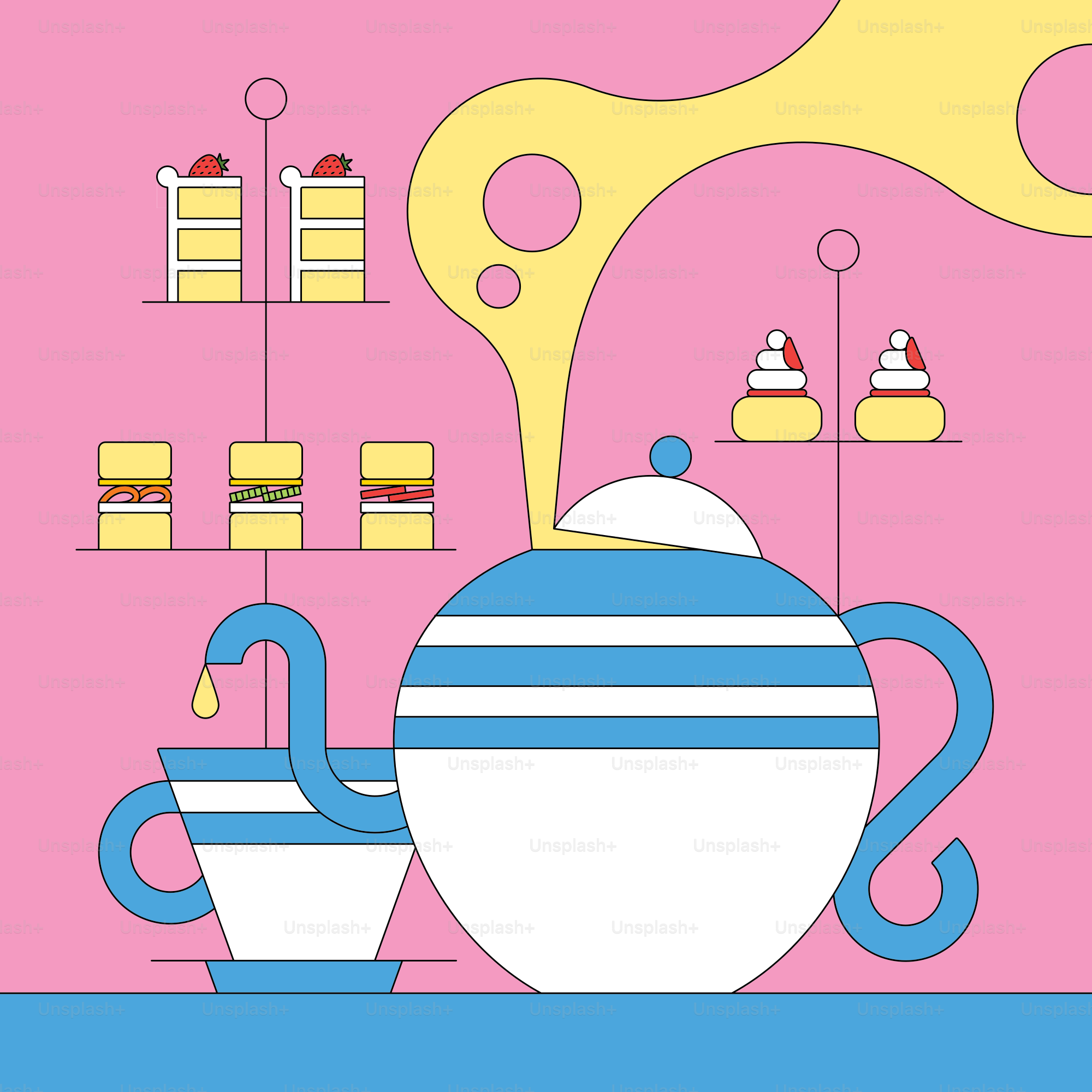 Teapot pouring tea into a cup with pastries