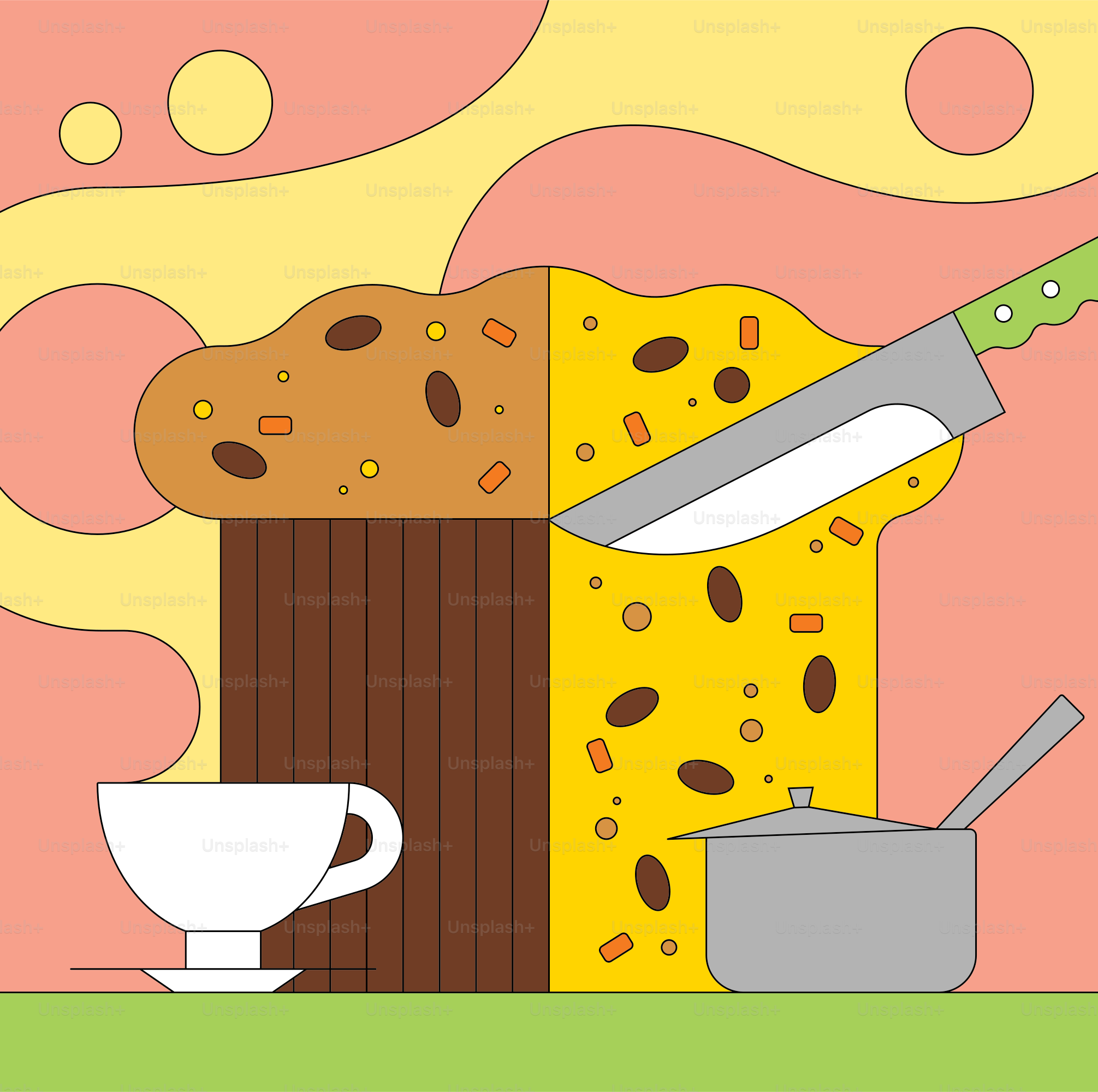 A stylized cake being cut with a knife