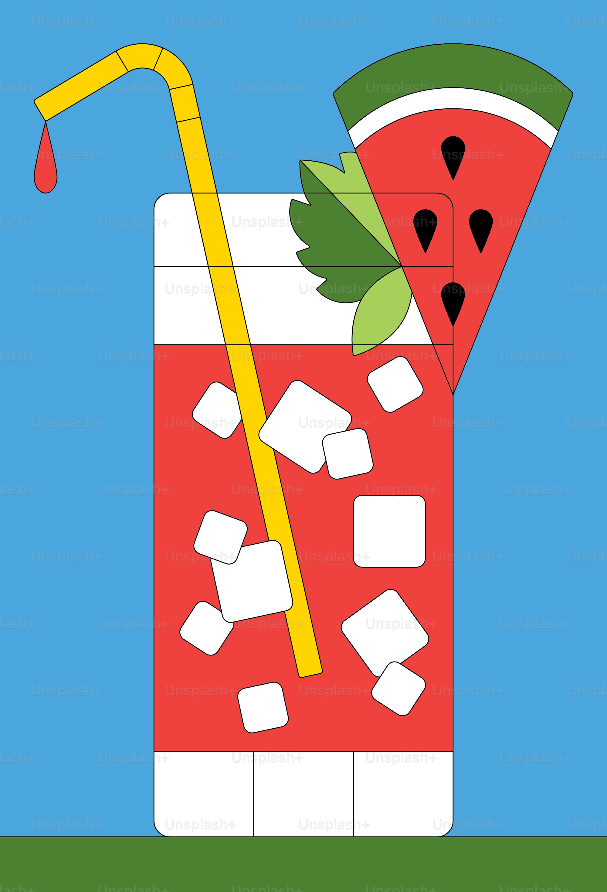 A tall glass of red drink with ice and watermelon