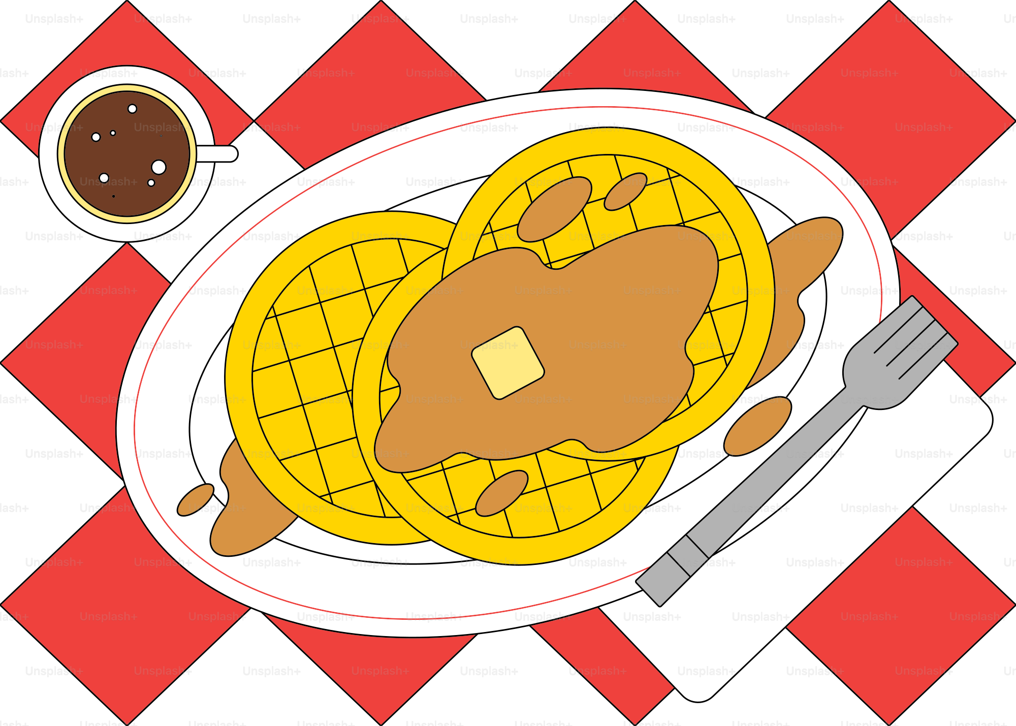 Two waffles with syrup and butter on a plate