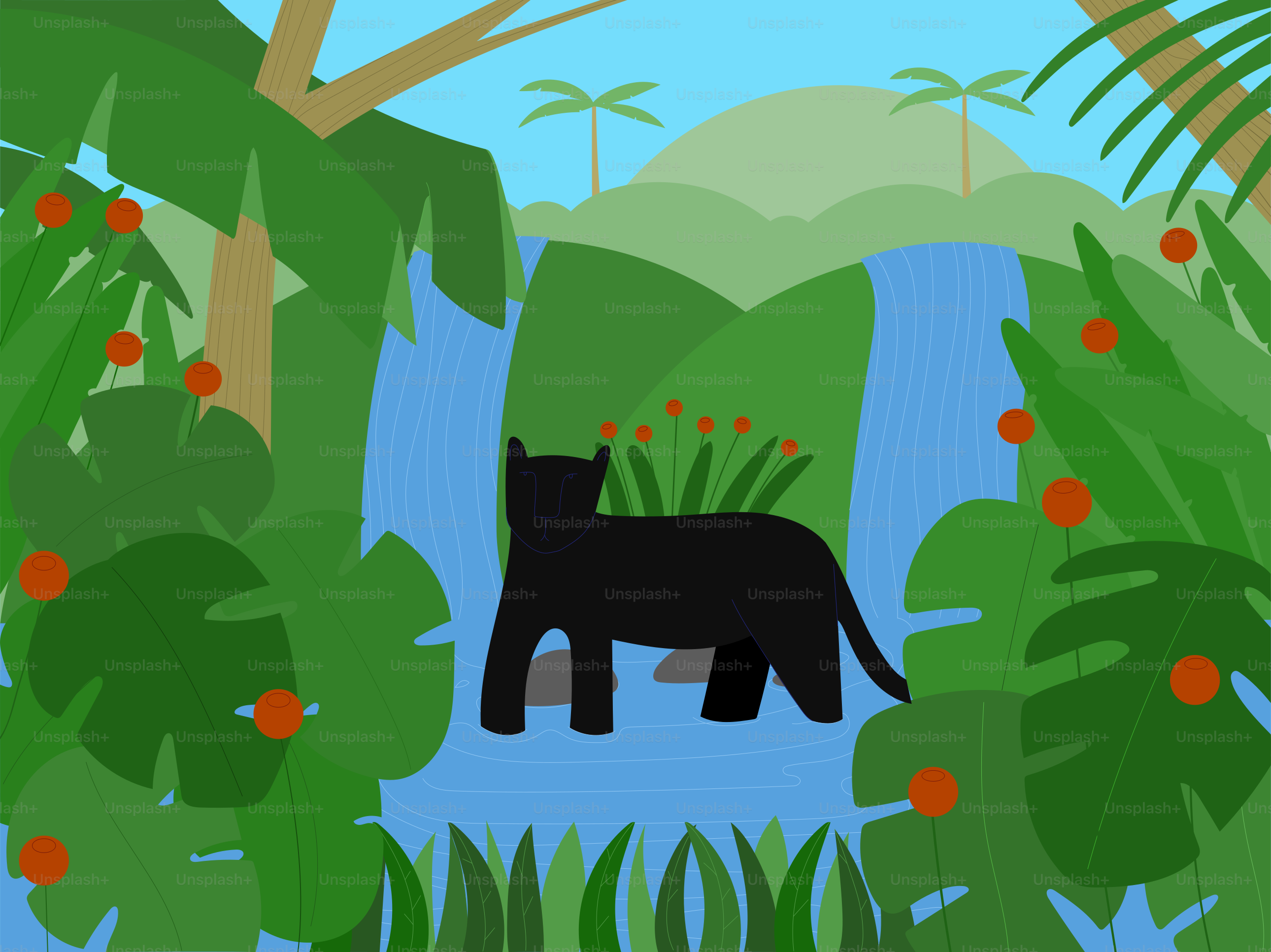 A black panther stands near a waterfall in a jungle.