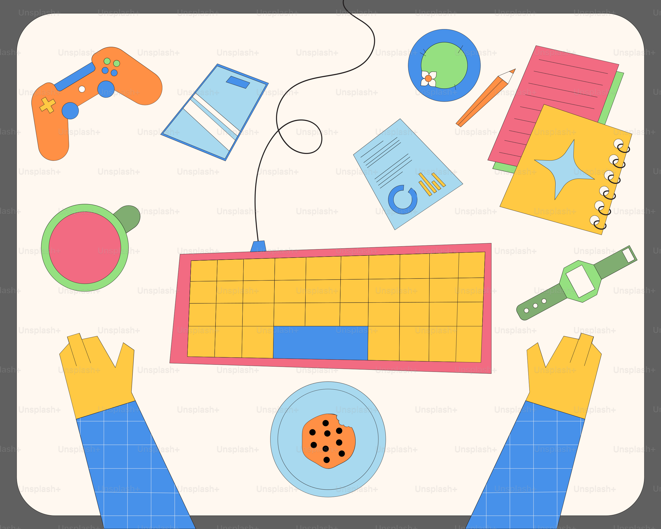 Desk with keyboard, controller, phone, and snacks.