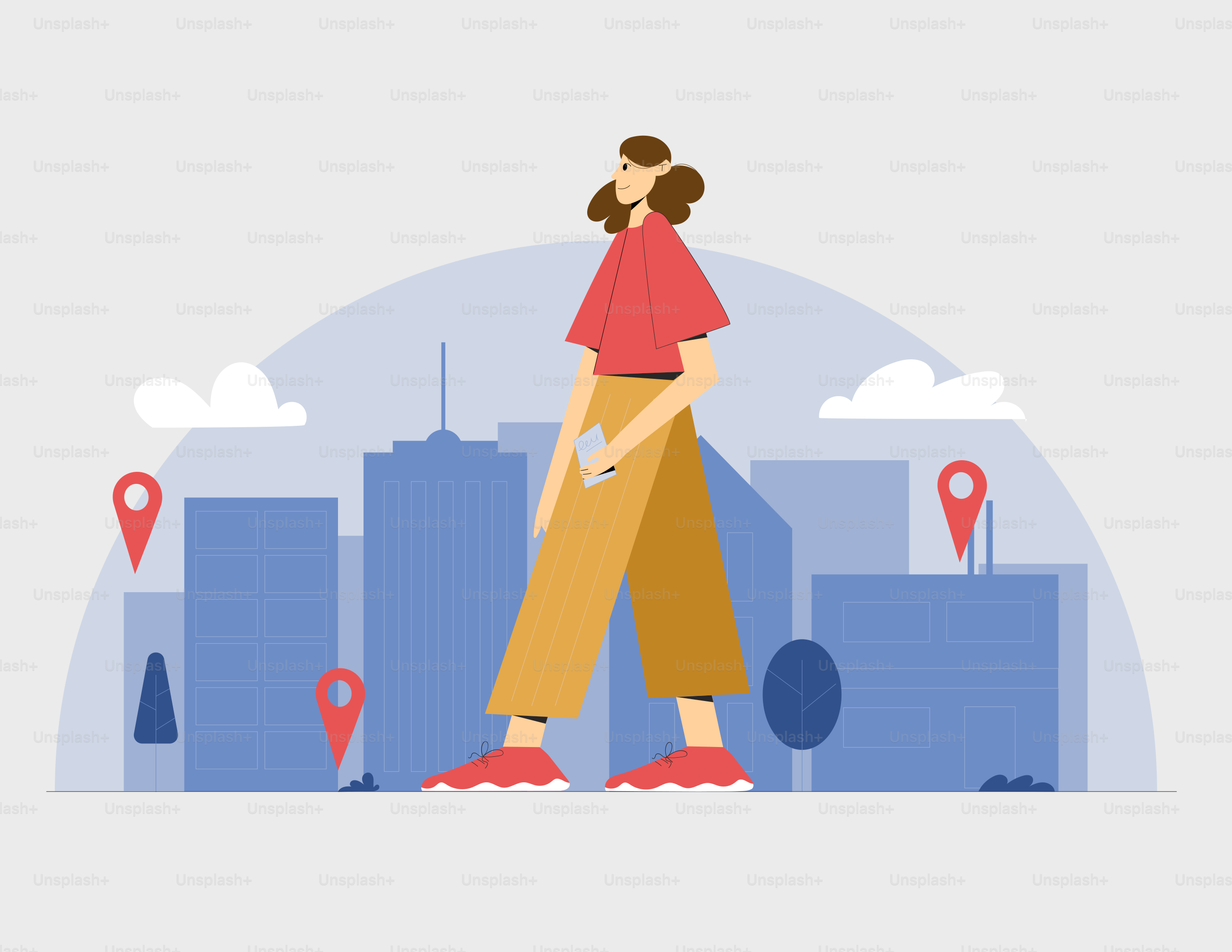 Femme marchant dans un paysage urbain stylisé avec des épingles de localisation.